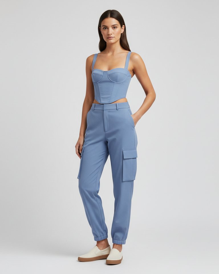 Powder Blue Corset Top & Cargo Trousers Matching Set