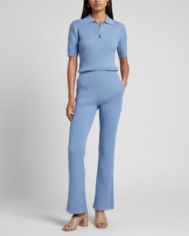 Powder Blue Ribbed Knit Polo & Flared Trousers Matching Set