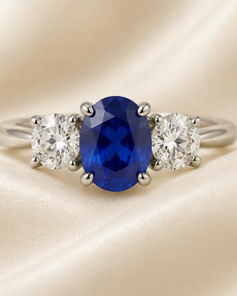Silver Blue Stone Three-Stone Engagement Ring