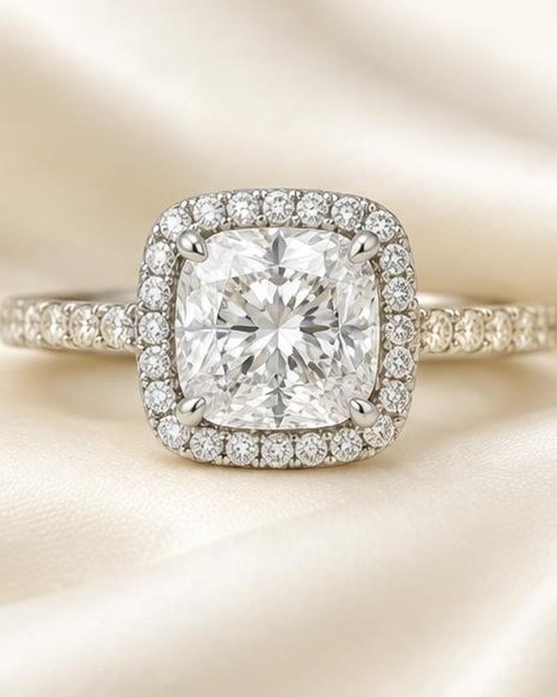 Silver Cushion Halo Engagement Ring