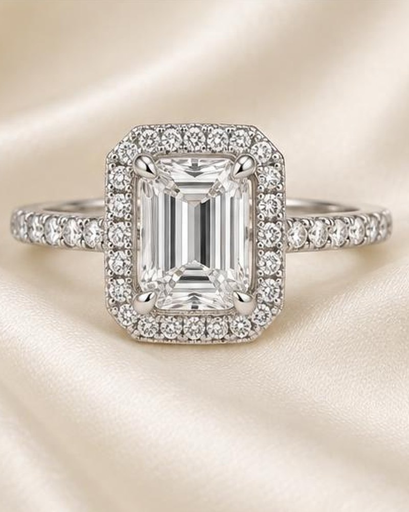 Silver Emerald-Cut Halo Engagement Ring