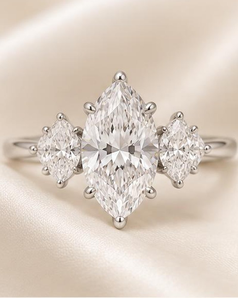 Silver Marquise Three-Stone Engagement Ring