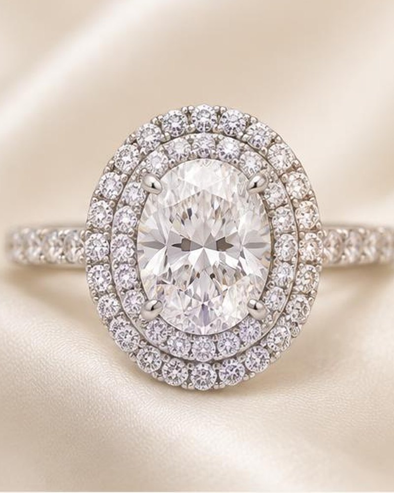 Silver Oval Double Halo Engagement Ring