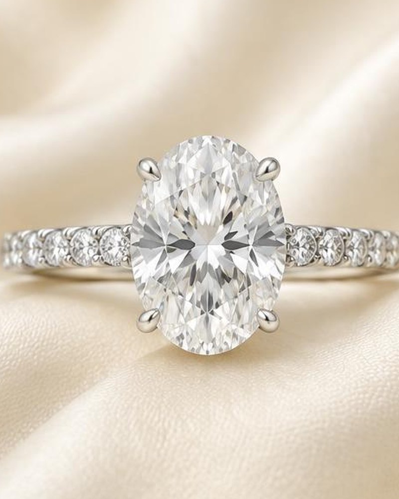 Silver Oval Pavé Solitaire Engagement Ring