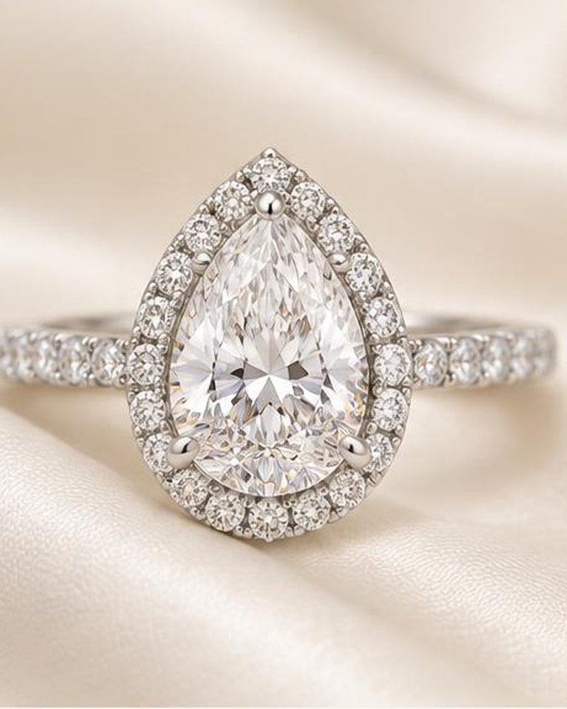 Silver Pear Halo Engagement Ring