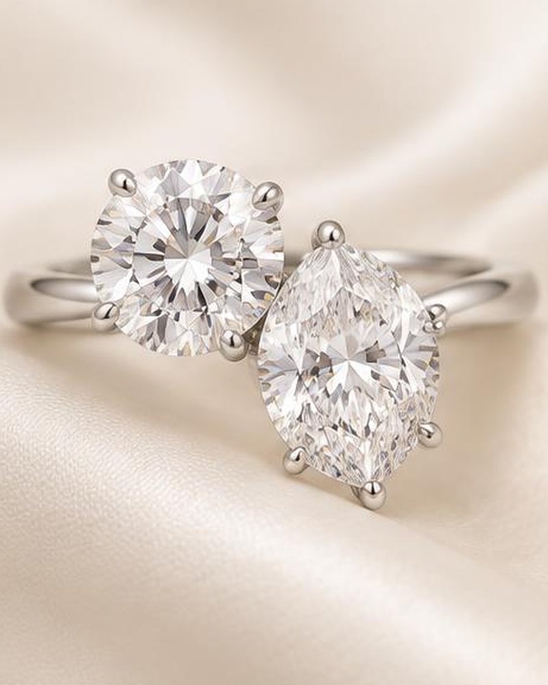 Silver Toi et Moi Round & Marquise Engagement Ring