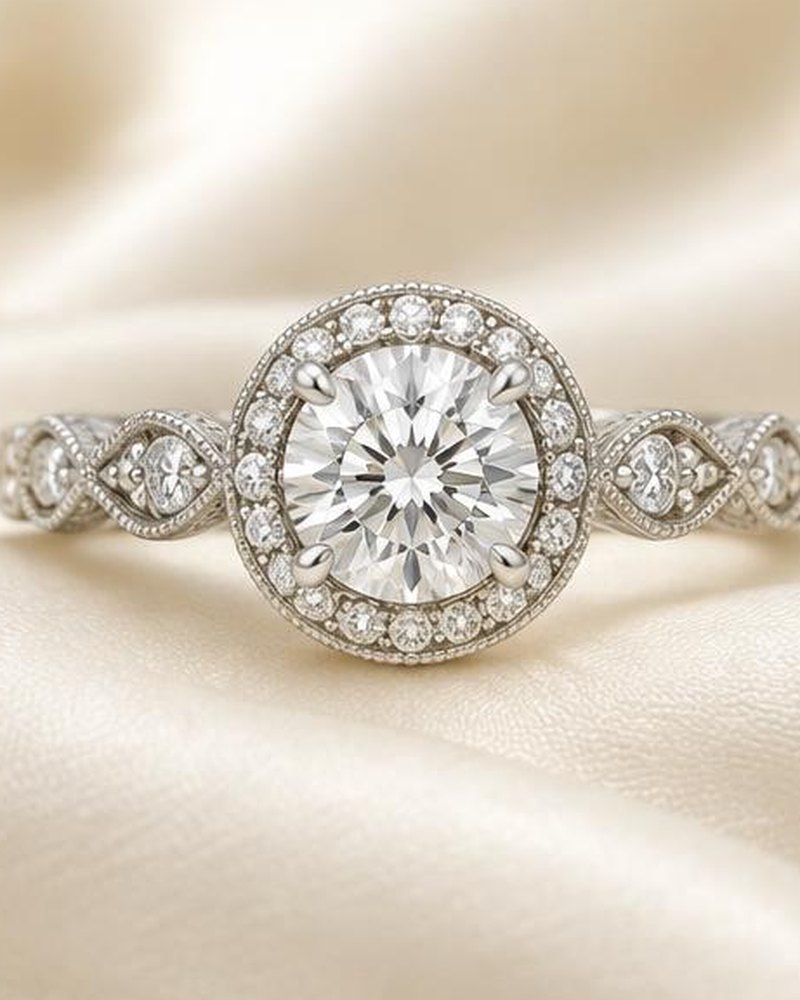 Silver Vintage Milgrain Halo Engagement Ring