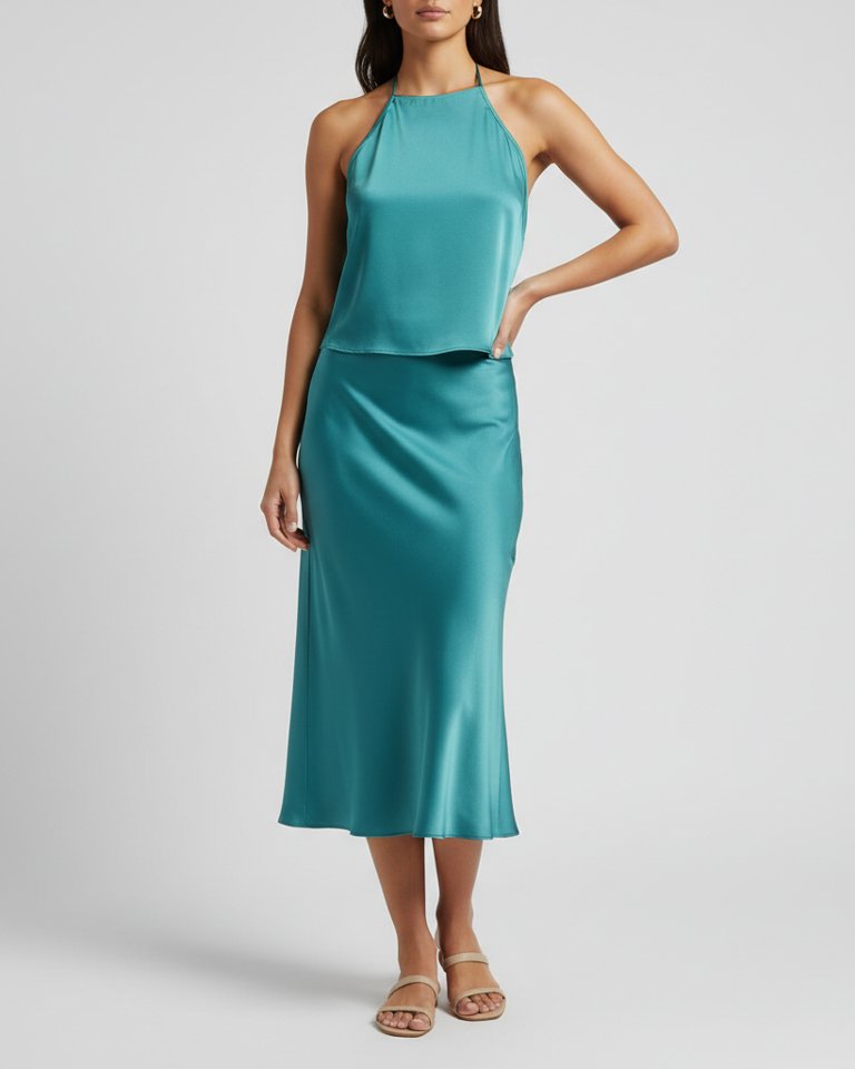 Teal Halter Top & Bias Skirt Matching Set